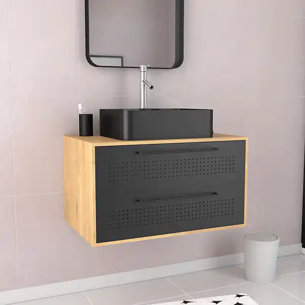 Meuble de Salle de Bains 80 cm avec Vasque Rectangulaire - Finition Chêne naturel et Noir Mat - UBY AURLANE Achat Immédiat