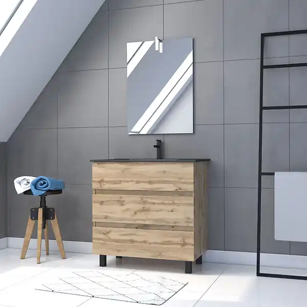 Meuble salle de bain 80x60 - Finition chene naturel + vasque noire + miroir Led - TIMBER 80 - Pack43 AURLANE Meilleur Choix