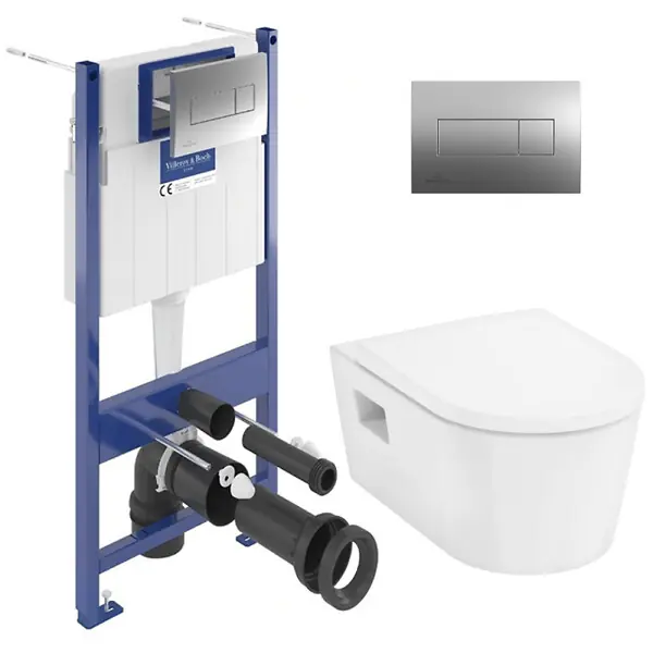 ViConnect Pro S Pack WC bâti-support Villeroy & Boch + WC sans bride Hansgrohe + abattant Softclose + plaque (VCNPURAS2CH) Vente Directe